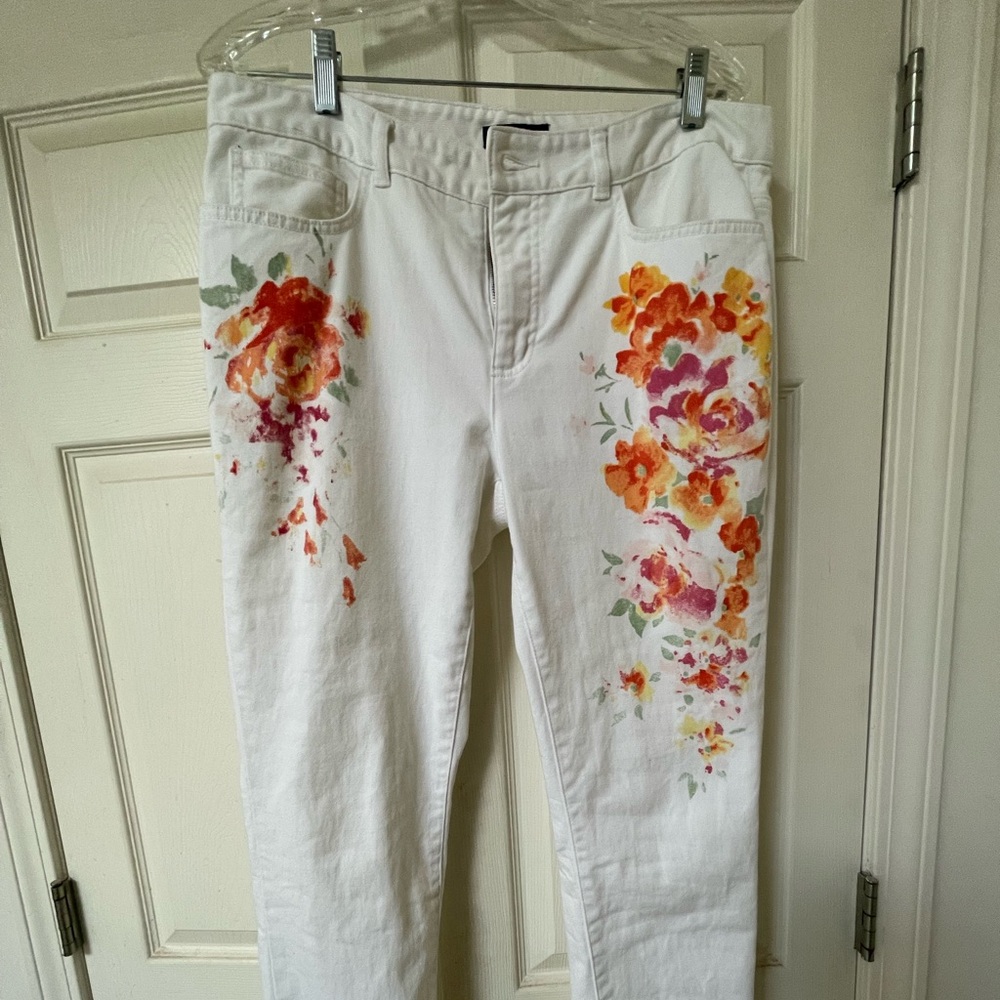 Chaps size 12 white jeans with floral pattern, 35” waist x 28” inseam